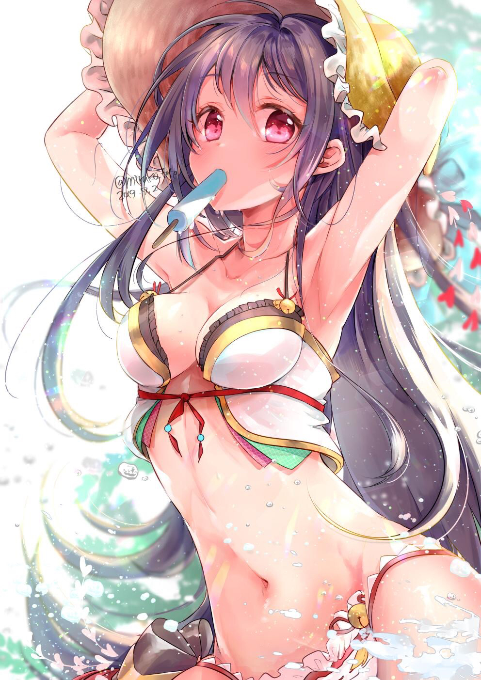 1girl, armpits, arms_behind_head, bell, bikini, breasts, female_focus, flower