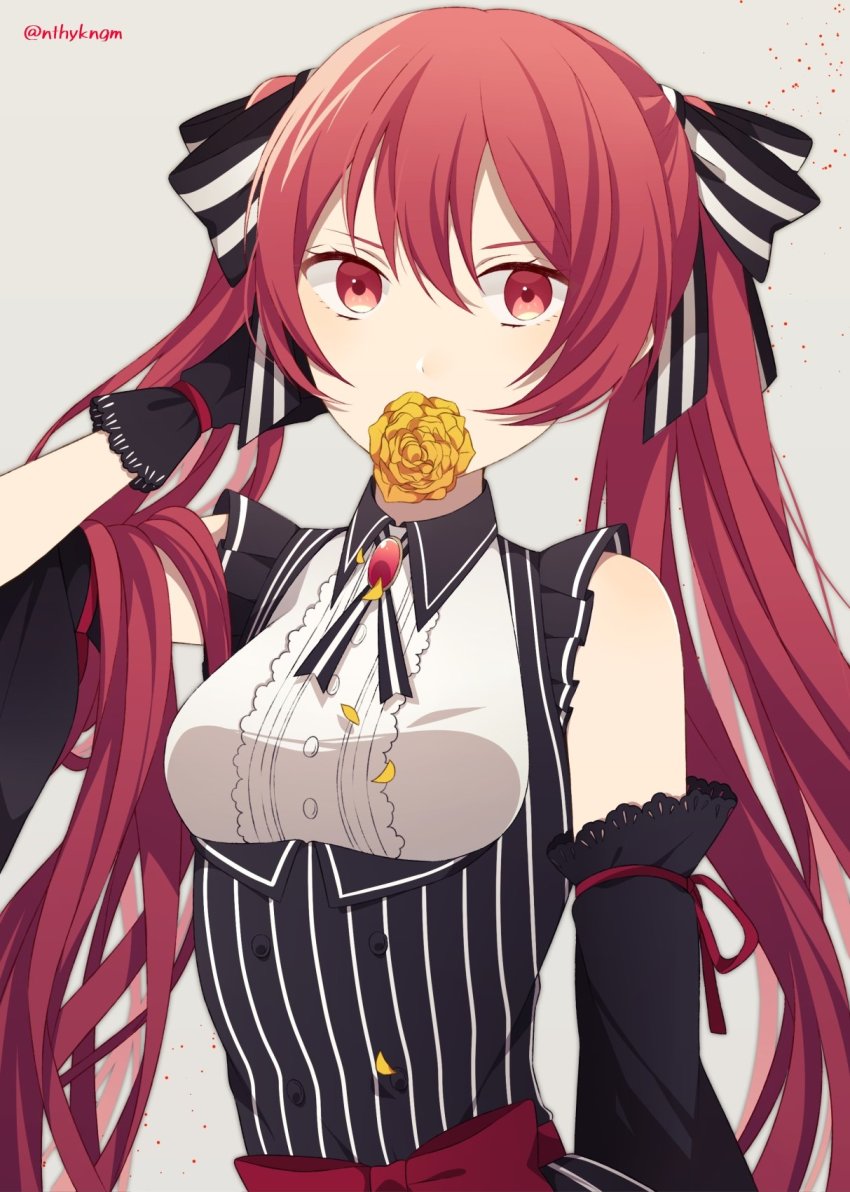 1girl, alternate_costume, bad_id, bad_twitter_id, black_gloves, bow, crml_orng, female_focus, fire_emblem, fire_emblem_fates, flower, gloves, grey_background, hair_bow, highres, long_hair, nintendo, petals, red_eyes, red_hair, selena_(fire_emblem_fates), simple_background, solo, twintails, twitter_username, upper_body