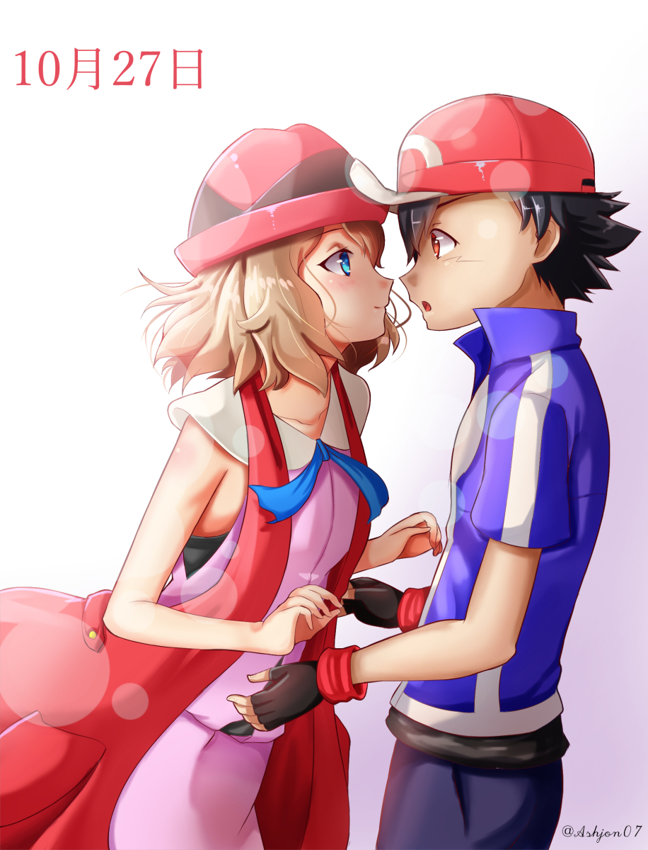 1boy, 1girl, ash_ketchum, ashujou, bad_id, bad_pixiv_id, baseball_cap, black_gloves