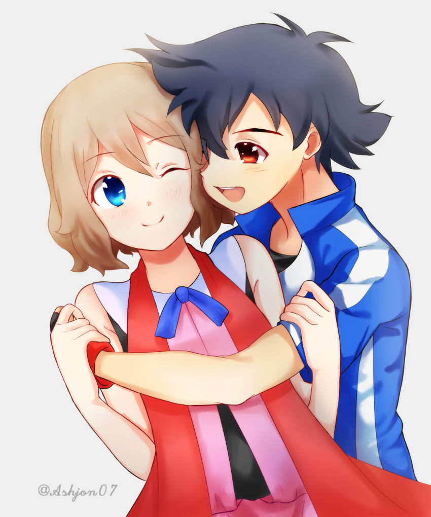 1boy, 1girl, :d, ;), ash_ketchum, ashujou, black_gloves, black_hair