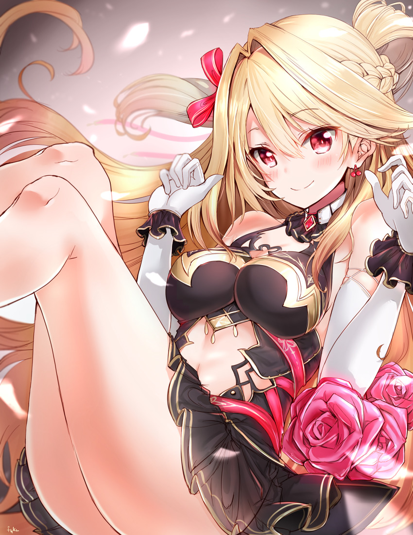 1girl, artist_name, bare_shoulders, black_dress, blonde_hair, blush, braid, breasts