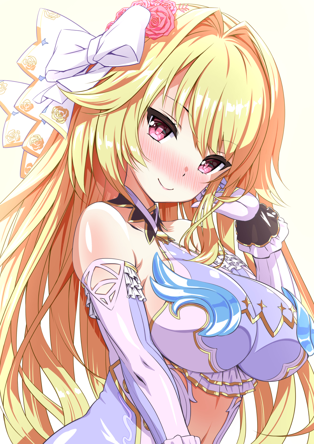 1girl, bad_id, bad_pixiv_id, bare_shoulders, blonde_hair, blush, bow, breasts, bustier, clothing_cutout, dress, elbow_gloves, female_focus, flower, frills, gloves, hair_bow, hair_flower, hair_intakes, hair_ornament, halterneck, highres, large_breasts, long_hair, looking_at_viewer, navel_cutout, nose_blush, pink_flower, pink_rose, purple_eyes, rose, shiny_skin, shironeko_project, sierra_(shironeko_project), sigma_rio, smile, solo, upper_body, very_long_hair, white_background, white_bow, white_dress, white_gloves