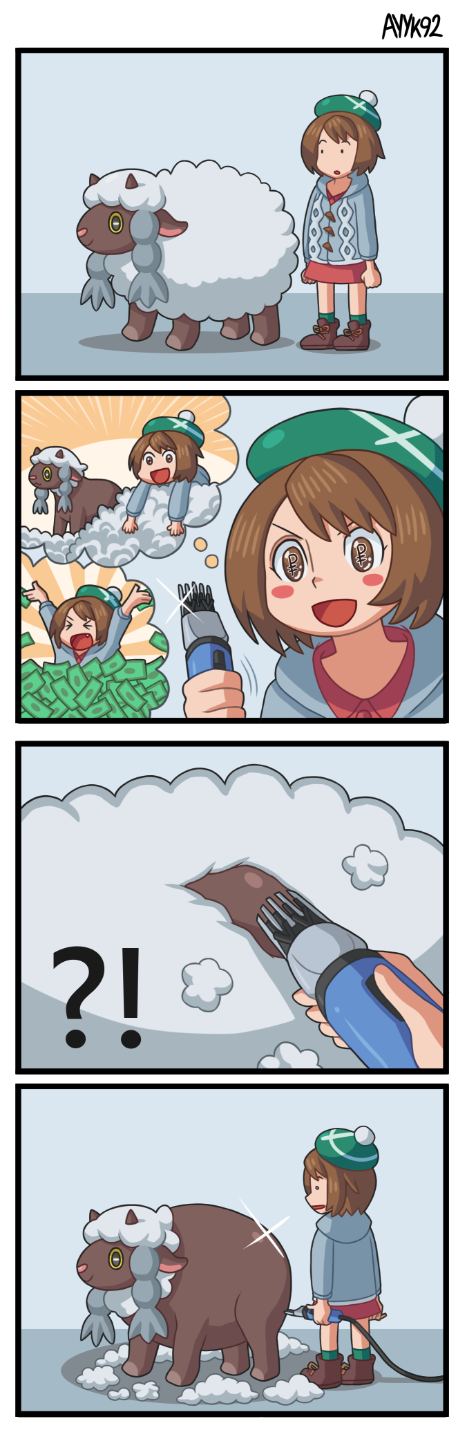 1girl, 4koma, ayyk92, banknote, bob_cut, boots, brown_eyes, brown_footwear