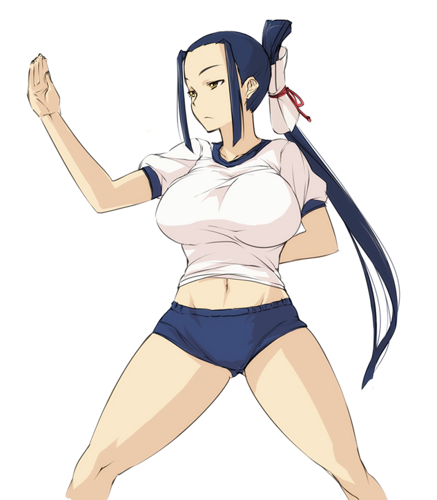 1girl, arm_behind_back, black_hair, blue_hair, breasts, buruma, female_focus, fighting_stance, gym_uniform, huge_breasts, kokuyou_(tsugumomo), kung_fu, legs, long_hair, midriff, navel, nekomamire, ponytail, simple_background, solo, tai_chi, tsugumomo, white_background