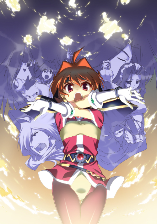 00s, 3girls, 5boys, amelia_wil_tesla_seyruun, brown_hair, cape, cosplay, frown, gloves, gourry_gabriev, hyouju_issei, lina_inverse, looking_at_viewer, multiple_boys, multiple_girls, open_mouth, ozel, pantyhose, sky, slayers, slayers_revolution, tsukiyo-b, x_arms, zelgadiss_graywords