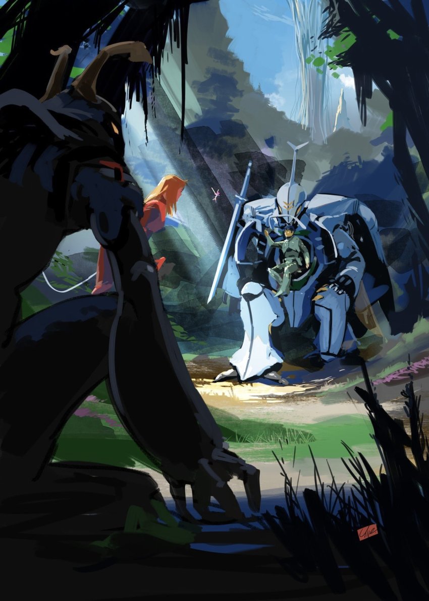 1boy, 1girl, armor, black_hair, brown_hair, cham_fau, cloud, dana_o'shee, dunbine, fairy, fairy_wings, highres, long_hair, marvel_frozen, mecha, on_one_knee, outdoors, plant, robot, seisenshi_dunbine, shou_zama, sitting, sky, tree, umeno_ryuuji, wings