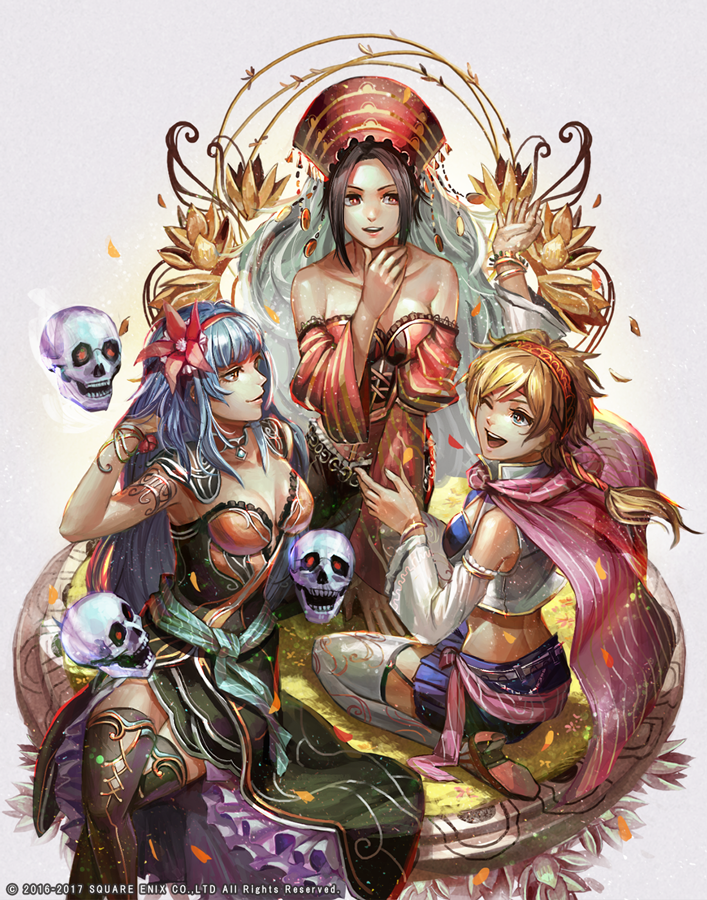 blonde_hair, blue_hair, blue_skirt, breasts, cat_(saga), cleavage, closed_mouth, commentary_request