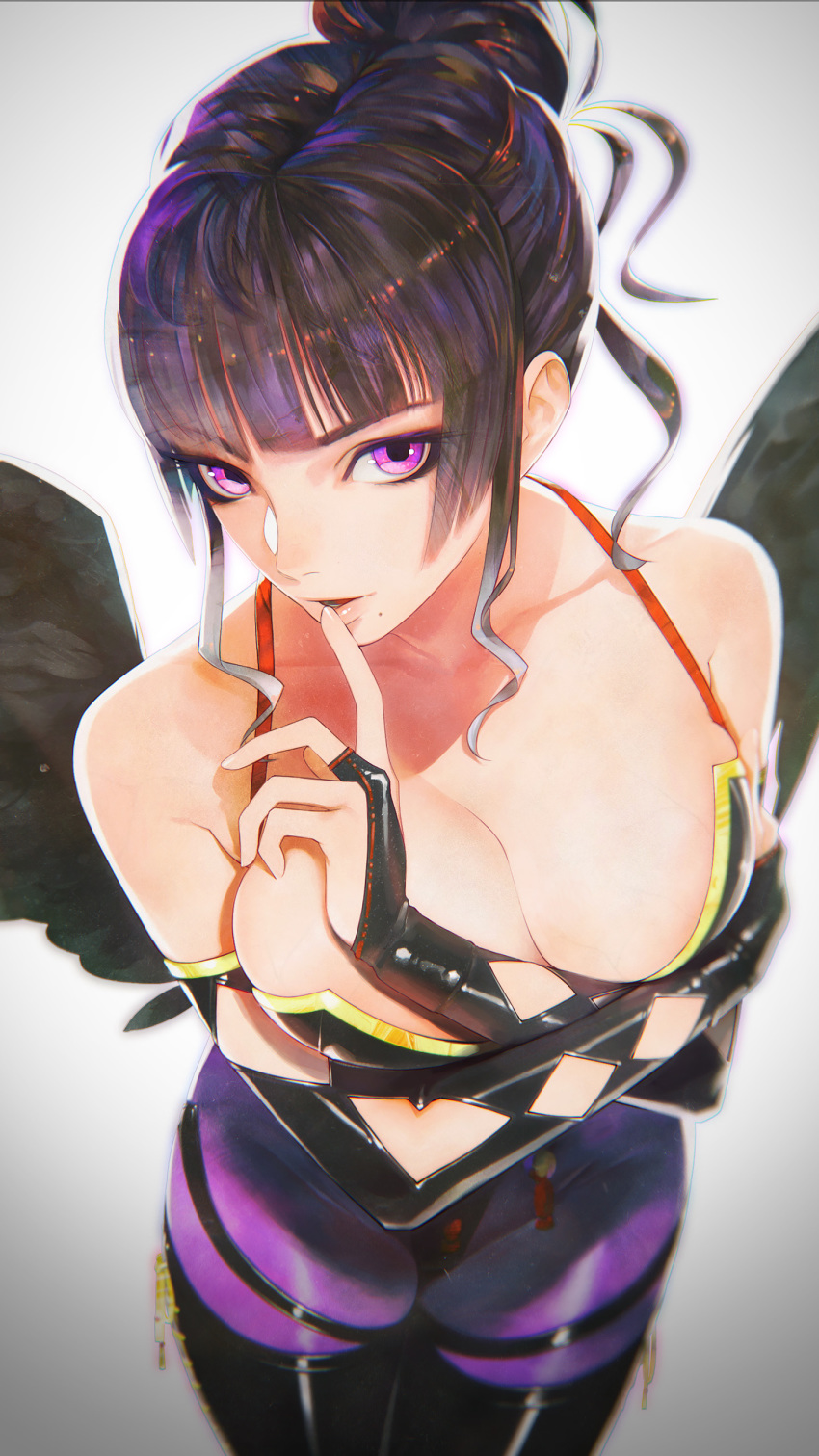 1girl, absurdres, alternate_costume, bare_shoulders, black_hair, blunt_bangs, breasts, cleavage