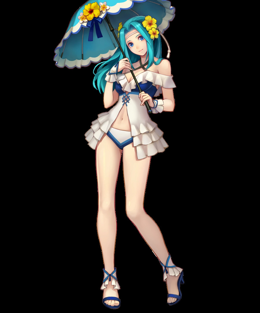 1girl, aqua_hair, bare_shoulders, bikini, blue_eyes, blue_sandals, breasts, cleavage