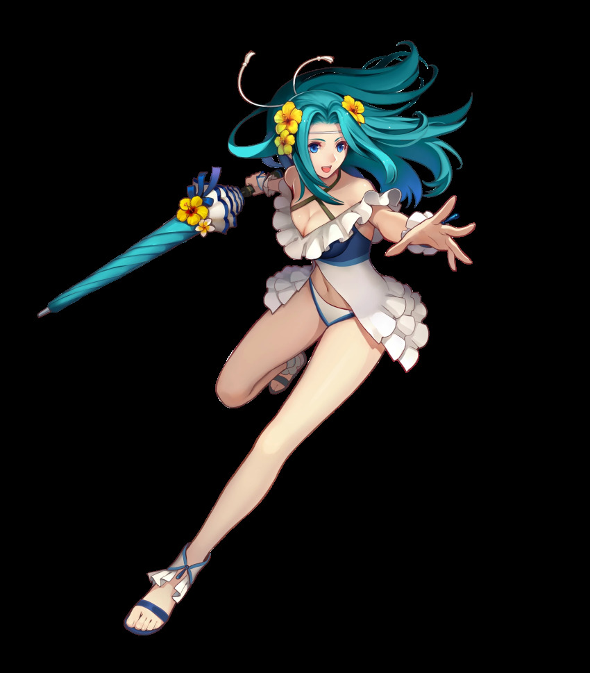 1girl, aqua_hair, bare_shoulders, bikini, blue_eyes, blue_sandals, breasts, cleavage