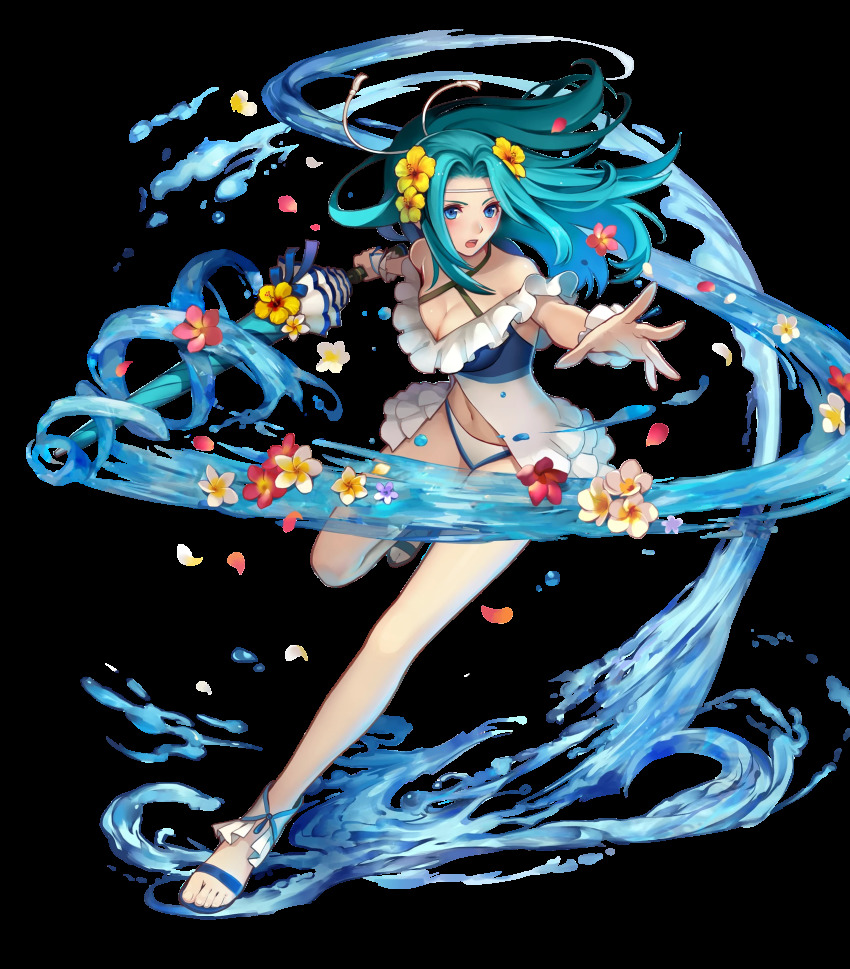 1girl, aqua_hair, bare_shoulders, bikini, blue_eyes, blue_sandals, breasts, cleavage