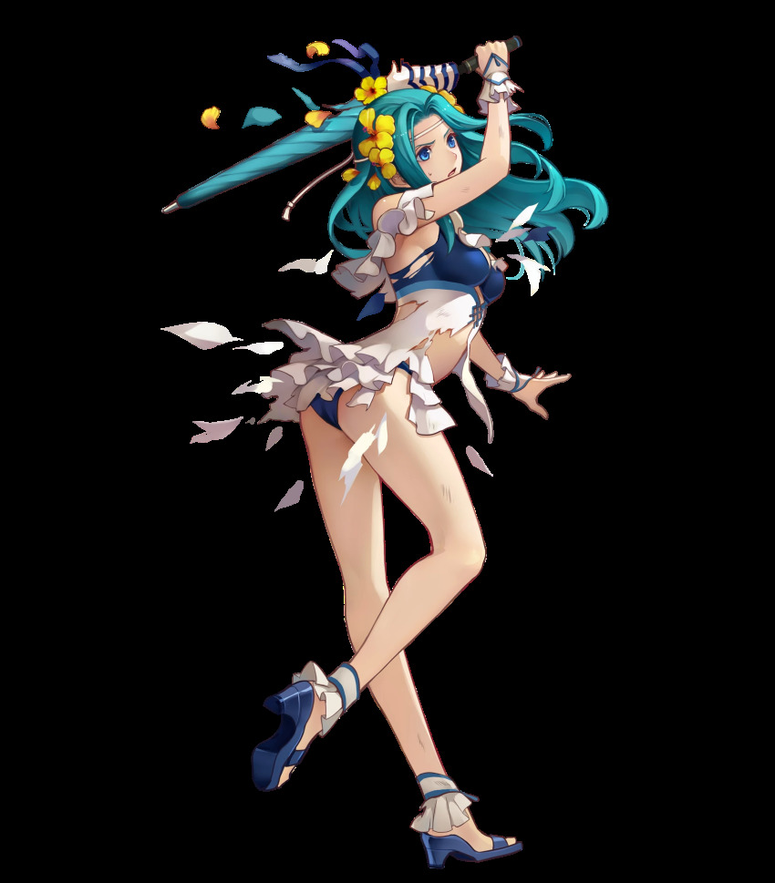 1girl, aqua_hair, bare_shoulders, bikini, blue_eyes, blue_sandals, breasts, criss-cross_halter, feet, female_focus, fiora_(fire_emblem), fiora_(summer)_(fire_emblem), fire_emblem, fire_emblem:_the_blazing_blade, fire_emblem_heroes, flower, full_body, hair_flower, hair_ornament, halterneck, high_heel_sandals, high_heels, highres, holding, konfuzikokon, long_hair, medium_breasts, nintendo, off-shoulder_bikini, off_shoulder, official_art, parted_bangs, sandals, shoe_soles, solo, swimsuit, torn_clothes, transparent_background, umbrella