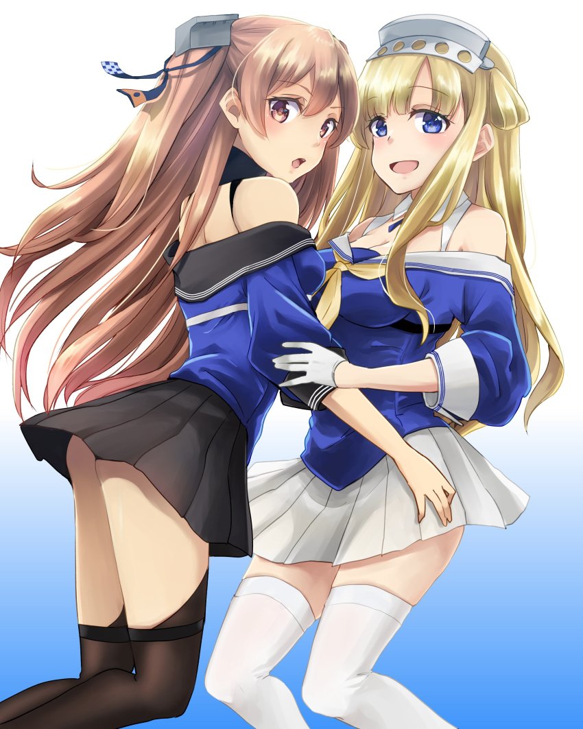 2girls, :d, :o, absurdres, black_legwear, black_skirt, blonde_hair, blue_background, blue_eyes, blue_shirt, breasts, brown_eyes, cleavage, cowboy_shot, fletcher_(kancolle), from_side, garter_straps, gloves, gradient_background, hairband, highres, johnston_(kancolle), johssnny, kantai_collection, large_breasts, light_brown_hair, long_hair, looking_at_viewer, medium_breasts, multiple_girls, neckerchief, off_shoulder, open_mouth, pleated_skirt, sailor_collar, school_uniform, serafuku, shirt, simple_background, skirt, smile, thighhighs, two_side_up, white_background, white_gloves, white_legwear, white_sailor_collar, white_skirt, yellow_neckerchief