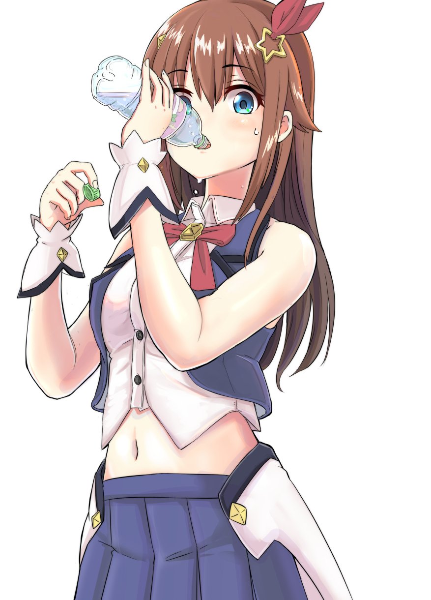 1girl, blouse, blue_eyes, blue_skirt, bottle, brown_hair, cowboy_shot, drinking