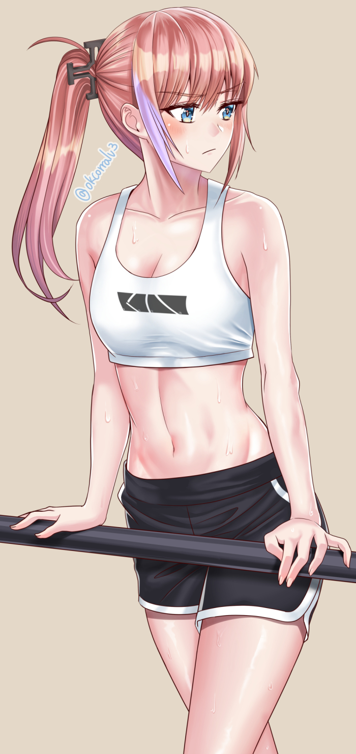 1girl, alternate_costume, averting_eyes, bad_id, bad_pixiv_id, bare_arms, bare_shoulders, blue_eyes, blush, breasts, cleavage, closed_mouth, collarbone, commentary_request, female_focus, girls'_frontline, gun, highres, holding, holding_gun, holding_weapon, long_hair, looking_away, looking_to_the_side, navel, o.k.corral, pink_hair, shorts, side_ponytail, sleeveless, small_breasts, solo, sports_bra, st_ar-15_(girls'_frontline), sweat, tank_top, weapon