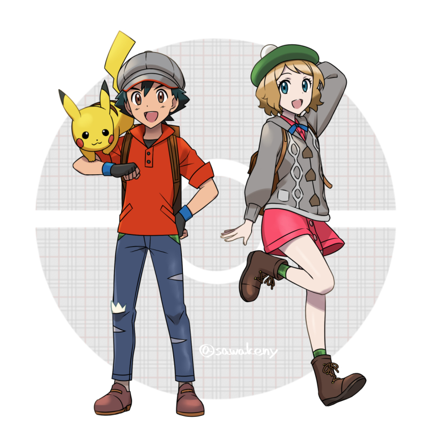 1boy, 1girl, arm_up, ash_ketchum, black_gloves, black_hair, blue_eyes, blue_pants, blue_ribbon, boots, brown_eyes, brown_footwear, brown_hair, cardigan, cosplay, dress_shirt, fingerless_gloves, full_body, gen_1_pokemon, gloria_(pokemon), gloria_(pokemon)_(cosplay), gloves, green_headwear, grey_cardigan, grey_headwear, hand_on_own_hip, highres, jacket, kanimaru, looking_at_viewer, miniskirt, neck_ribbon, nintendo, on_shoulder, pants, pantyhose, pikachu, pink_shirt, pink_skirt, poke_ball, pokemon, pokemon_(anime), pokemon_(creature), pokemon_on_shoulder, pokemon_sword_and_shield, pokemon_the_series:_xy, red_jacket, ribbon, serena_(pokemon), shiny_clothes, shiny_legwear, shirt, short_hair, skirt, sleeves_rolled_up, torn_clothes, torn_pants, twitter_username, victor_(pokemon), victor_(pokemon)_(cosplay), white_background, white_pantyhose