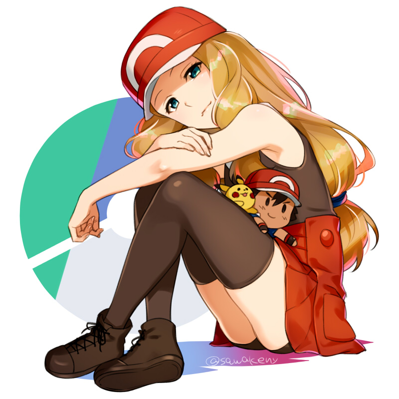 1girl, ash_ketchum, baseball_cap, bike_shorts, black_shirt, black_shorts, black_thighhighs, blonde_hair