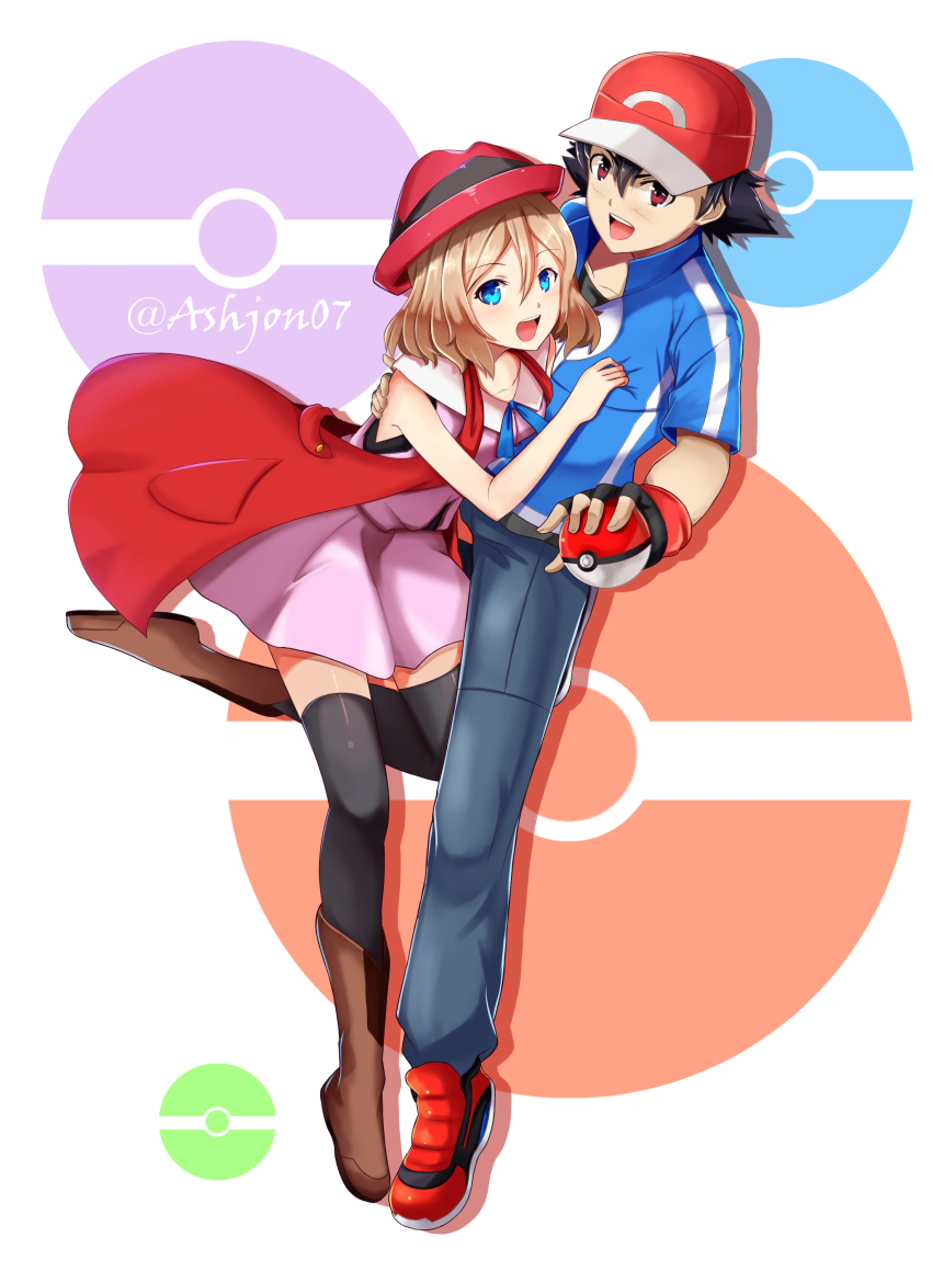 1boy, 1girl, :d, absurdres, ash_ketchum, ashujou, baseball_cap, black_hair, black_shirt, black_thighhighs, blue_eyes, blue_jacket, blue_ribbon, boots, brown_footwear, brown_hair, collarbone, couple, grey_pants, hair_between_eyes, hat, highres, holding, holding_poke_ball, jacket, miniskirt, neck_ribbon, nintendo, open_mouth, pants, pink_shirt, pink_skirt, poke_ball, poke_ball_(basic), poke_ball_symbol, pokemon, pokemon_(anime), pokemon_the_series:_xy, red_eyes, red_headwear, ribbon, sailor_collar, serena_(pokemon), shiny_clothes, shiny_legwear, shirt, short_hair, short_sleeves, skirt, sleeveless, sleeveless_shirt, smile, thighhighs, twitter_username, white_background, white_sailor_collar, zettai_ryouiki