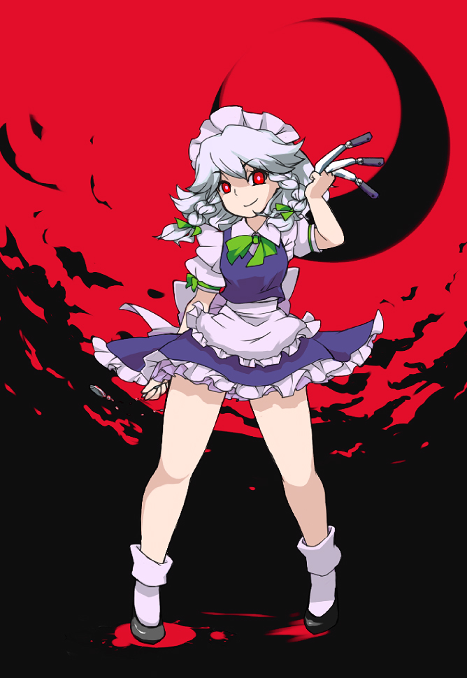 1girl, braid, dress, female_focus, full_body, hairband, izayoi_sakuya, knife