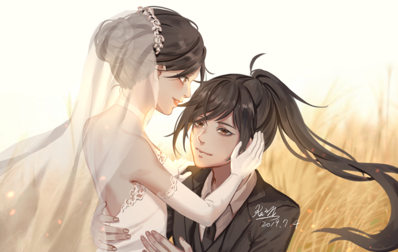 1boy, 1girl, aged_up, bare_shoulders, black_hair, brown_eyes, contemporary, dated