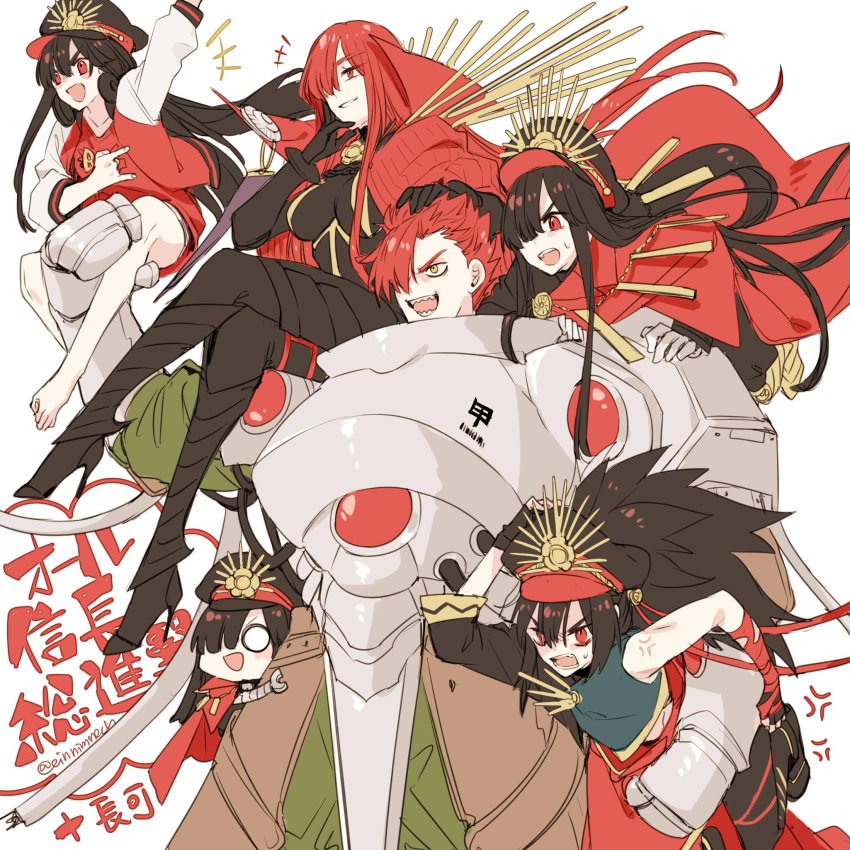 2boys, 3girls, 88_(einnimnech), \n/, armor, black_hair, carrying, carrying_under_arm, fate/grand_order, fate_(series), hair_over_one_eye, highres, long_hair, mechanical_arms, mini_nobu_(fate), mori_nagayoshi_(fate), mori_nagayoshi_(first_ascension)_(fate), multiple_boys, multiple_girls, oda_kippoushi_(fate), oda_nobunaga_(fate), oda_nobunaga_(koha-ace), oda_nobunaga_(maou_avenger)_(fate), oda_nobunaga_(swimsuit_berserker)_(fate), oda_nobunaga_(swimsuit_berserker)_(first_ascension)_(fate), pelvic_curtain, ponytail, red_eyes, red_hair, simple_background, single_mechanical_arm, sitting, spiked_hair, very_long_hair, white_background