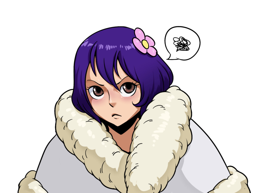 1girl, angry, blush, charlotte_custard, flower, flustered, one_piece, purple_hair, resident_drawfriend, upset