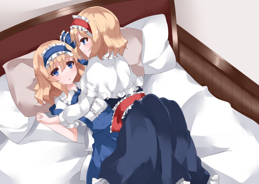 2girls, alice_margatroid, alice_margatroid_(pc-98), bed, blonde_hair, blue_dress, blue_eyes, blue_skirt