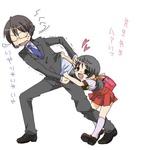 1boy, 1girl, backpack, bag, black_hair, brown_eyes, brown_hair, dress, drooling, female_pervert, formal_clothes, glasses, grabbing, hair_bobbles, hair_ornament, headset, hiyama_kiyoteru, kaai_yuki, lowres, mary_janes, naoto_(sakurai), necktie, open_mouth, pervert, randoseru, red_dress, shoes, short_hair, short_twintails, socks, suit, teacher_and_student, twintails, vocaloid