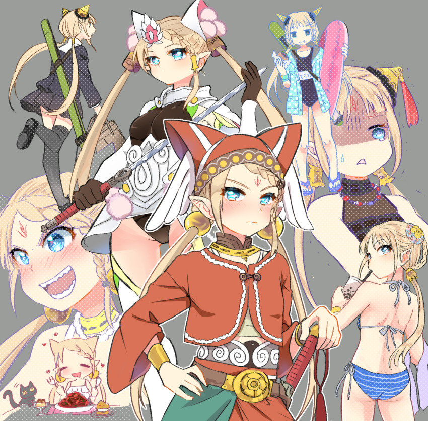 1girl, bag, bikini, black_gloves, black_thighhighs, blue_bikini, blue_eyes, blush