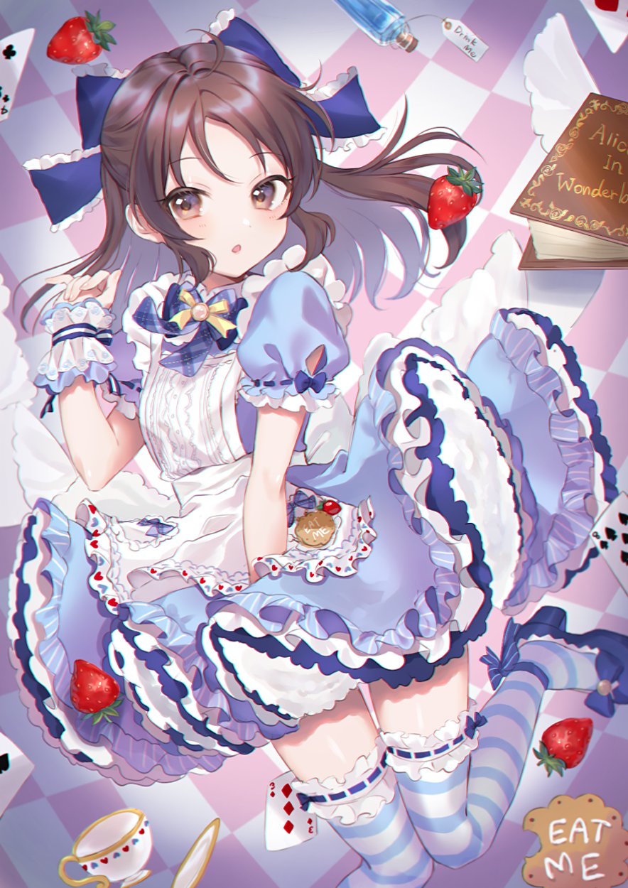 1girl, :o, alice_(alice_in_wonderland), alice_(alice_in_wonderland)_(cosplay), alice's_adventures_in_wonderland, anoa, apron, blue_bow