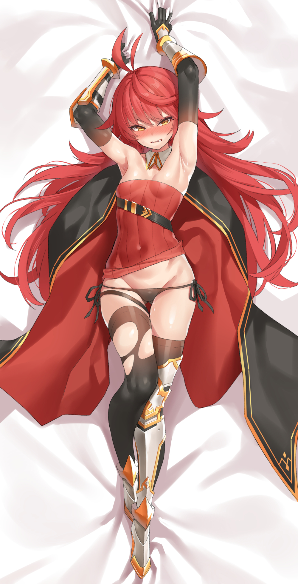 1girl, ahoge, armor, armpits, arms_up, bed_sheet, black_gloves, black_panties, black_thighhighs, blush, breasts, cape, cermia_(epic_seven), clenched_teeth, clothes_lift, covered_navel, detached_collar, dress, dress_lift, elbow_gloves, embarrassed, epic_seven, female_focus, full_body, glaring, gloves, gluteal_fold, greaves, hair_spread_out, highres, looking_at_viewer, lying, microdress, mx2j, on_back, panties, red_dress, red_hair, ribbed_dress, sheet_grab, side-tie_panties, small_breasts, solo, strapless, strapless_dress, sweat, teeth, thigh_gap, thighhighs, torn_clothes, torn_thighhighs, tsurime, underwear, unworn_cape, vambraces