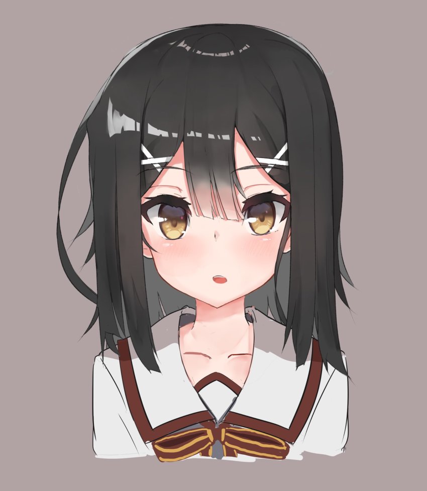 1girl, black_hair, blush, brown_background, brown_eyes, collarbone, collared_shirt, commentary_request