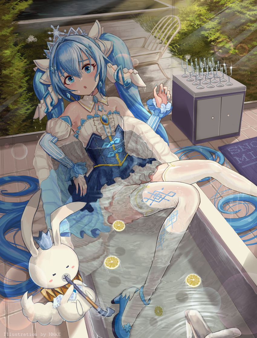 1girl, absurdres, animal, bath, bathtub, blue_eyes, blue_hair, blush_stickers, cabinet, chair, chinese_commentary, clothed_bath, commentary_request, crown, cup, detached_collar, detached_sleeves, drinking_glass, faucet, food, frilled_skirt, frills, fruit, hair_ornament, hatsune_miku, highres, hmax, holding, holding_smoking_pipe, juliet_sleeves, lemon, long_hair, long_sleeves, nail_polish, outdoors, princess, puffy_sleeves, rabbit, rug, see-through_clothes, skirt, smoking_pipe, snowflake_hair_ornament, sunlight, tiara, twintails, very_long_hair, vocaloid, wet, wet_clothes, wine_glass, yuki_miku, yuki_miku_(2019), yukine_(vocaloid)