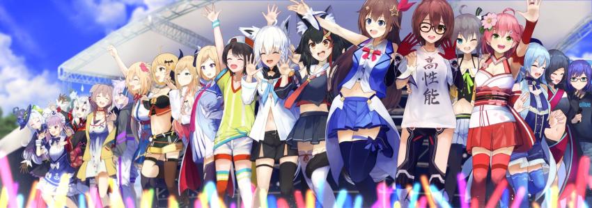6+girls, a-chan_(hololive), ahoge, akai_haato, akai_haato_(1st_costume), aki_rosenthal, aki_rosenthal_(1st_costume), anchor_symbol