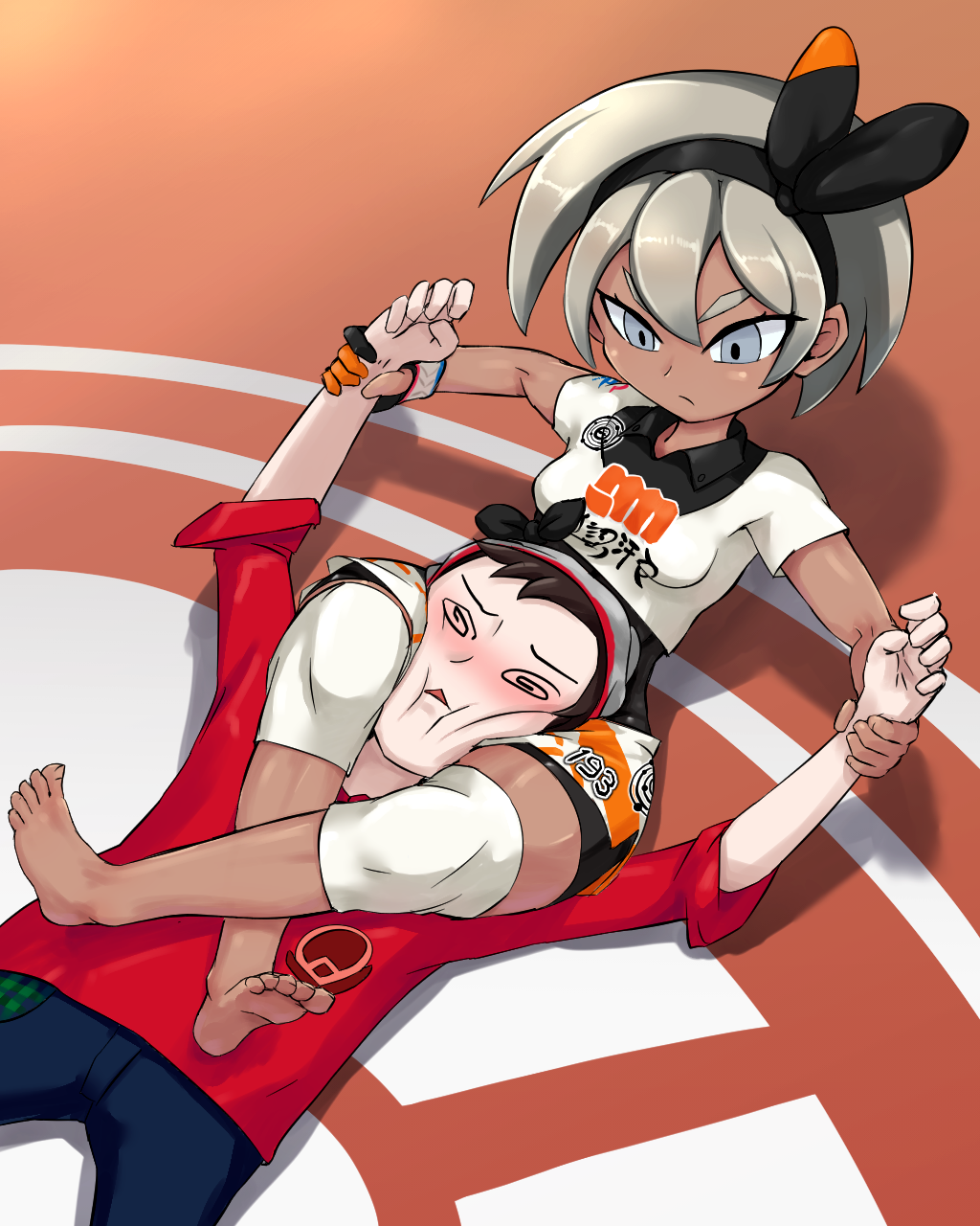 1boy, 1girl, @_@, asphyxiation, barefoot, bea_(pokemon), between_thighs, bodysuit, bodysuit_under_clothes, commentary_request, dark_skin, feet, grey_eyes, grey_hair, gym_leader, hair_ornament, highres, leg_lock, lying, nintendo, on_back, pokemon, pokemon_sword_and_shield, short_hair, strangling, submission_hold, user_tfcc4254, victor_(pokemon), wrestling