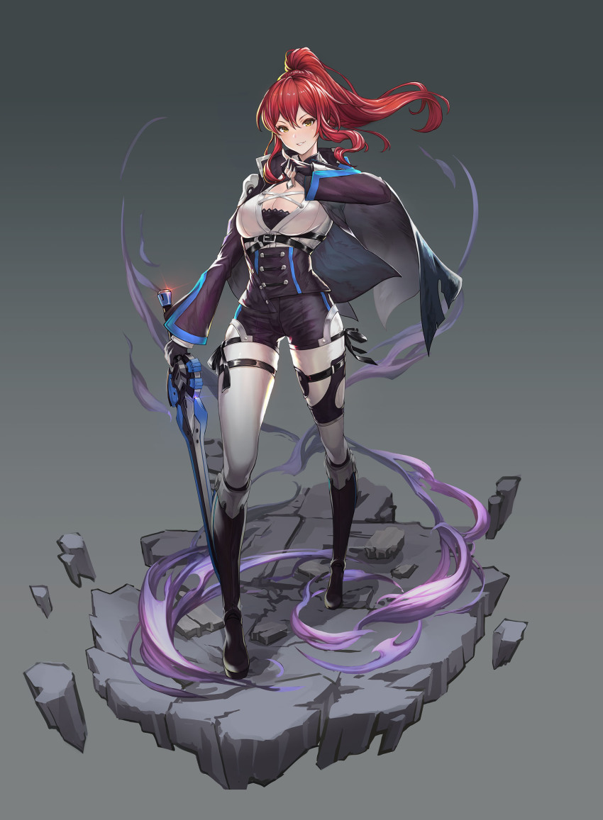 1girl, absurdres, aura, belt, black_boots, black_coat, black_gloves, black_shorts