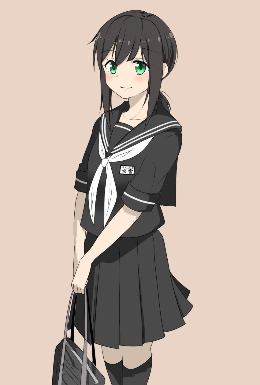 1girl, alternate_costume, bag, black_hair, black_serafuku, black_skirt, black_socks, commentary_request