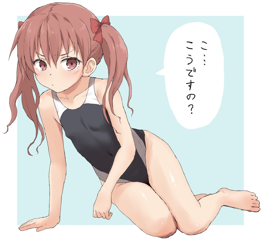 1girl, arm_support, bare_arms, bare_legs, bare_shoulders, barefoot, black_one-piece_swimsuit, blue_background