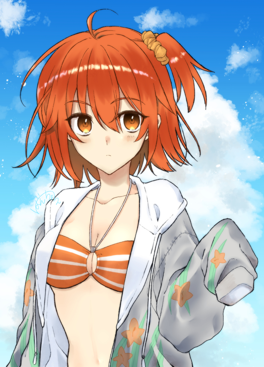 1girl, absurdres, ahoge, bad_id, bad_pixiv_id, bancho_(pixiv2403567), bikini, blue_sky