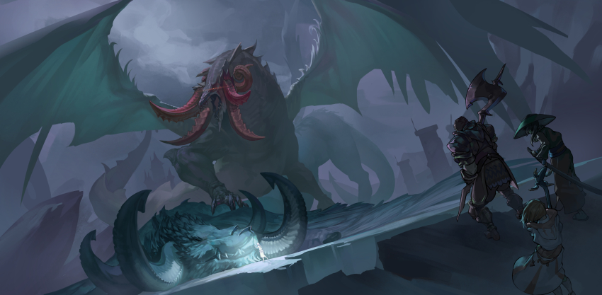 1boy, 3girls, armor, axe, blonde_hair, brown_hair, coat, dragon