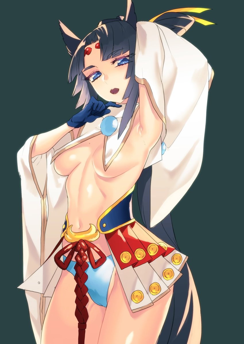 armor, armpits, bad_id, bad_twitter_id, black_hair, black_hat, blue_eyes, blue_gloves, blue_panties, fate/grand_order, fate_(series), gloves, green_background, hair_ornament, hat, highres, japanese_armor, kusazuri, looking_at_viewer, navel, nrets, open_mouth, panties, revealing_clothes, rokkotsu, simple_background, solo, sweat, teeth, underwear, ushiwakamaru_(fate)