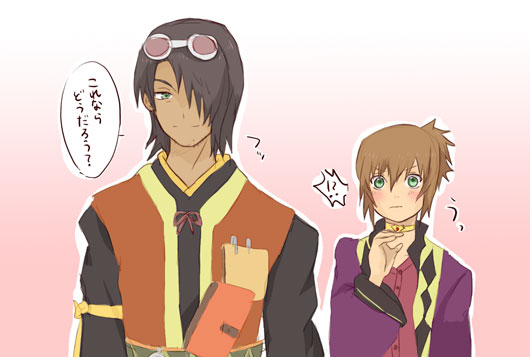 1boy, 1girl, black_hair, brown_hair, cosplay, costume_switch, gloves, goggles, green_eyes, hon_(orange-ade), ponytail, raven_(tales), raven_(tov)_(cosplay), rita_mordio, rita_mordio_(cosplay), tales_of_(series), tales_of_vesperia