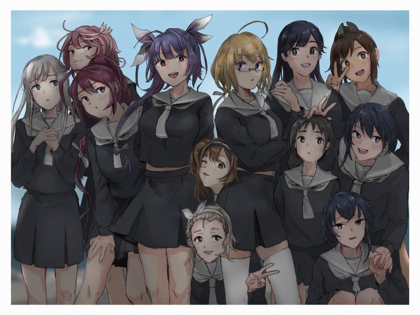 6+girls, :o, ahoge, alternate_costume, black_serafuku, blush, border, breasts