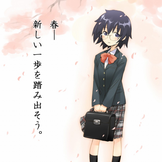 1girl, bag, blue_eyes, blue_hair, blush, bow, bowtie, cherry_blossoms, female_focus, glasses, kitahara_aya, looking_at_viewer, mosha, onanie_master_kurosawa, petals, plaid_clothes, plaid_skirt, satchel, school_bag, school_uniform, short_hair, skirt, smile, solo, translation_request