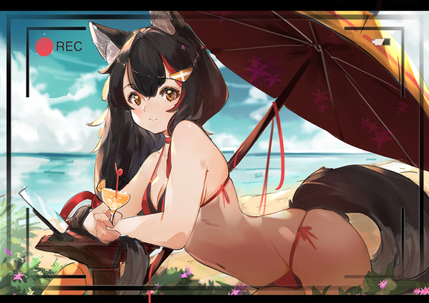 animal_ears, beach, bikini, black_hair, blurry, blurry_background, breasts, cleavage