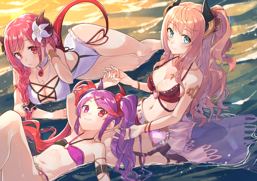 3girls, absurdres, armlet, bikini, blue_eyes, breasts, closed_mouth, commentary_request