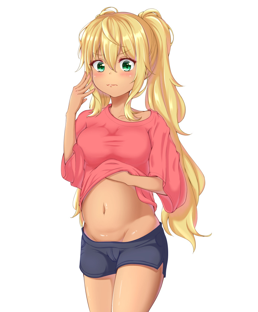 1girl, absurdres, black_shorts, blonde_hair, blush, breasts, clothes_lift, dark-skinned_female
