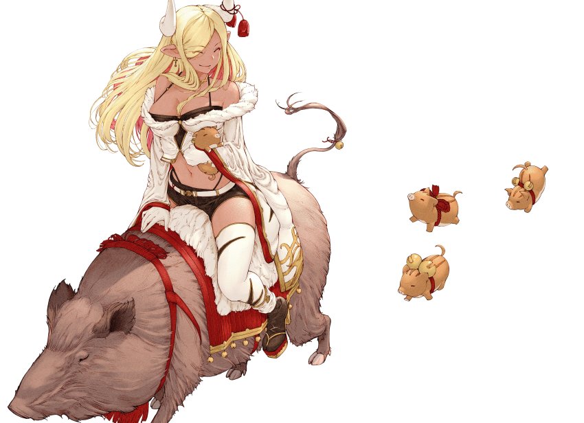 1214_goldfische, 1girl, absurdres, bell, blonde_hair, boar, breasts, dark-skinned_female, dark_skin, draph, female_focus, fur-trimmed_jacket, fur_trim, gloves, granblue_fantasy, highres, horns, jacket, kumbhira_(granblue_fantasy), large_breasts, long_hair, midriff, navel, off_shoulder, pointy_ears, riding_boar, shorts, solo, thighhighs, white_background, white_gloves