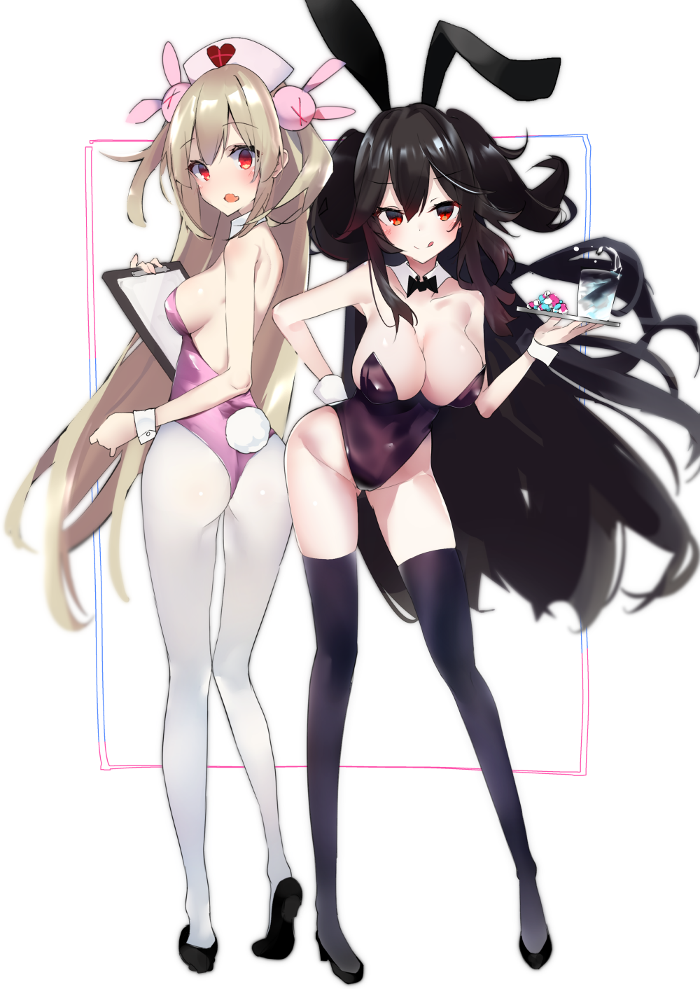 2girls, animal_ears, apron, ass, black_hair, black_legwear, black_leotard, black_neckwear, bow, bowtie, breasts, rabbit_hair_ornament, cleavage, clipboard, crossover, detached_collar, fake_animal_ears, from_behind, full_body, hair_ornament, harenchi, hat, highres, kuusou_code_plus, large_breasts, leaning_forward, leotard, light_brown_hair, long_hair, looking_at_viewer, looking_back, multiple_girls, natori_sana, nurse_cap, pantyhose, pink_apron, pink_headwear, pink_leotard, playboy_bunny, rabbit_ears, rabbit_tail, red_eyes, sana_channel, smile, standing, strapless, strapless_leotard, tail, thighhighs, tongue, tongue_out, tray, twintails, two_side_up, virtual_youtuber, white_background, white_legwear, wrist_cuffs, yoruno_tobari
