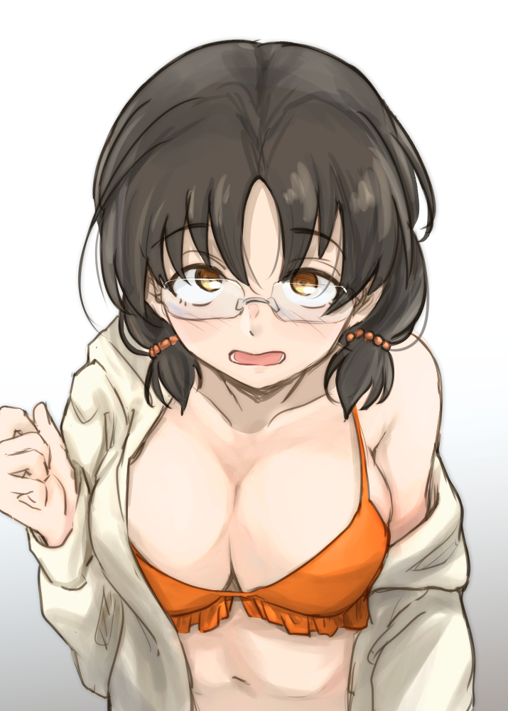 1girl, asano_fuka, bikini, black_hair, blush, breasts, brown_eyes, cleavage